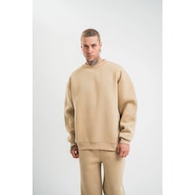 Barlashive Erkek Uzun Kol Bisiklet Yaka 3 İplik Pamuklu Kışlık Sweatshirt - Bej Çok Renkli