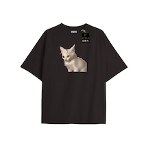 Flood Of Style Siyah Oversize T-shirt Şaşkın Kedi Özel Tasarım