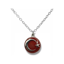 Kırmızı Zeminli Ay Yıldız Yuvarlak Kolye Unisex Gümüş Renk Metal Takı Çok renkli