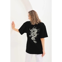 Kadın Kısa Kol Yazlık Tişört Bisiklet Yaka Ejderha Baskılı T-shirt - Siyah
