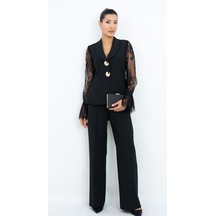 Dorne Moda Özel Seri Dantel Kollu Gold Düğmeli Şık Pantolonlu İkili Takım siyah