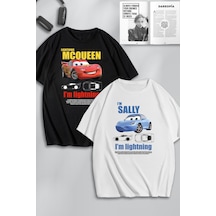 Unisex Kadın Erkek I'm Sally & Mcqueen Cars Baskılı Sevgili Çift Kombini Tasarım Oversize Tshirt 2li Siyah Beya Mck0393 Çok Renkli