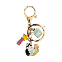 Gökkuşağı Kitapsever Kedi Metal Charm Anahtarlık Çok Renkli Çok Renkli
