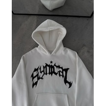 Kadın Kapüşonlu Kanguru Cepli Sweatshirt 3 İplik Pamuklu Baskılı Hoodie - Beyaz