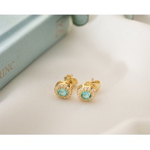925 Ayar Gold Zirkon Taşlı Yuvarlak Aralık Ayı Blue Topaz Gümüş Küpe