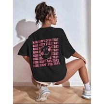 Wish Happy Süprem T-shirt - Siyah Baskılı Oversize Bisiklet Yaka Kısa Kol Tişört SIYAH