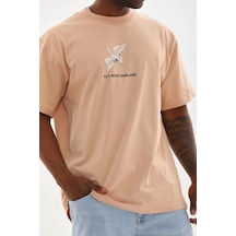 Barlashive Erkek Baskılı T-shirt Kısa Kol Bisiklet Yaka Rahat Kalıp Tişört - Bej Çok Renkli