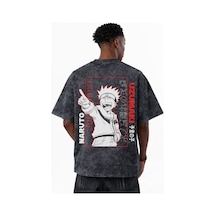Naruto Uzumaki Jinchuriki Anime Baskılı Unisex Oversize Eskitme Y Siyah