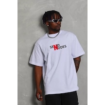 Yake Store Unisex Bisiklet Yaka Double Oversize Baskılı T-shirt - Beyaz - Beyaz
