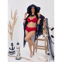 Büyük Beden Kaplı Telli Canlı Çiçek Desenli Orta Bağlantılı Tasarım Ayarlanabilir Askılı Kadın Bikini Takım Kırmızı