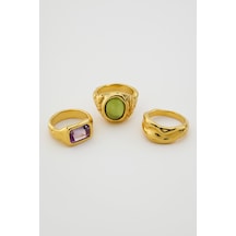 Avenir Gold 3 Adet Yeşil Lila Pastel Renki Taşlı Tasarım Vintage Çoklu Altın Yüzük Seti