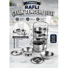 7 Parça Raflı Dayanıklı Paslanmaz Çelik Kolay Temizlenen Gerçekçi Oyuncak Tencere Seti