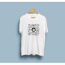 Oversize Kahve / Coffee Yazılı Tasarım Unisex T-shirt Beyaz