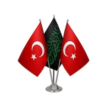Masa Üstü Siyah Kelimei Tevhid Bayrağı Türk Bayrağı Üçlü Krom Dir