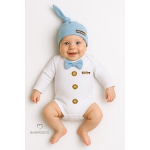 Babyden's Mini Boss Papyonlu Erkek Bebek Zıbın Seti Şapkalı Yenidoğan Bebek Body Takım Mavi