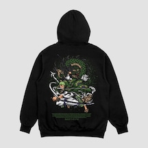 Unisex Siyah Zoro Baskılı Hoodie Oversize Kapşonlu Sweatshirt Siyah