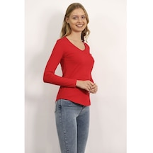 Gabria Kadın V Yaka Cep Detaylı Basıc Bluz Kırmızı