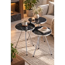 Sulorahome Gümüş Metal Ayaklı Siyah Mermer Desenli 3'lü Zigon Sehpa Takımı