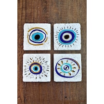 Taş Bardak Altlığı Nazar Boncuğu Baskılı Baskılı 4'lü Set - Stone Coasters Çok Renkli