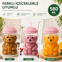 Ayıcıklı Cam Bardak 580 Ml - Pipetli Kapaklı Borosilikat İçecek Bardağı - Soğuk Kahve Smoothie Limonata Su İçin Sevimli Ayı Tasarım - Hediye Kupa Dekoratif Sunum - Pembe Beyaz - Çok Renkli