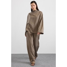 Olcay Degaje Yaka Oversize Pantolon Bluz İkili Takım Haki 9483-tk