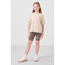 Tommylife Bej-kahverengi Pamuklu O Yaka Standart Fit Baskılı Kız Çocuk Tayt Takım - 75190 Bej