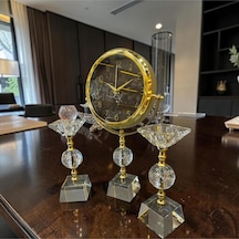 Crystal Gold Dekoratif Masa Saati Seti Lüks Cam & Metal Modern Salon Ve Ofis Aksesuarı Altın