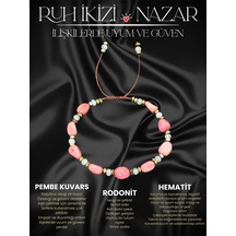Sertifikalı Pembe Kuvars, Rodonit Ve Hematit Doğal Taşlı Kadın Bileklik / Bronz Gold Pembe