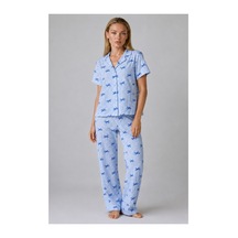 Fit Women Mavi Kurdele Desenli Çizgili Bürümcük Pijama Takımı 4645-mavi