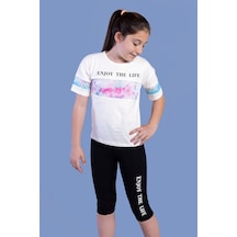 Toontoy Kids Toontoy Kız Çocuk 2'li Takım Baskılı Bisiklet Yaka T-shirt & Basic Düz Crop Tayt & Garnili Detaylı Ekru