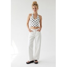 Mixray 2128 Kadın İnce Mevsimlik Yüksek Bel Wide Leg Denim Pantolon Beyaz