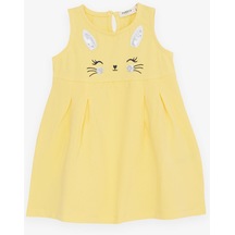 Breeze Kız Çocuk Elbise Nakışlı Pullu Sevimli Kedicik Baskılı 1.5-5 Yaş, Sarı-sarı