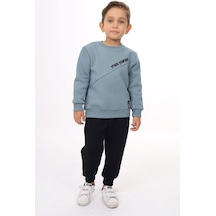 Toontoy Kids Toontoy Erkek Çocuk 2'li Takım Baskılı Bisiklet Yaka Asimetrik Sweatshirt & Beli Paçası Lastikli Cepli Jogger Eşofman Altı - Renk Bloklu & 3 İplik Şardonlu Mint
