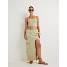 Koton Crop Straplez Büstiyer Fermuarlı Kat Detaylı Slim Fit Khakı 4sak30196ew Haki