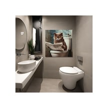 Tekli Kare Kanvas Banyo Tablosu Gazete Okuyan Gri British Kedi Kanvas Çok Renkli Çerçevesiz