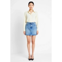 Benerly Kadın Mini Denim Etek Orta Bel %100 Pamuk Rigid Dokuma Klasik Kes Mavi
