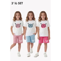 Fyk Kids 3'lü Yazlık Yuvarlak Yakalı Baskı Detaylı Kaprili 6 Parça Kız Çocuk Alt Üst Takım Pembe - Mavi