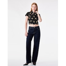 Koton Süslü Düğmeli Kısa Kollu Çiçek Desenli Dik Qipao Yaka Crop Bluz Siyah Desenli 7wak30017ew