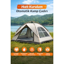 3 Kişilik Otomatik Kamp Çadırı Çift Katmanlı Su Geçirmez Hızlı Kurulum 220x200x145 Cm Gri