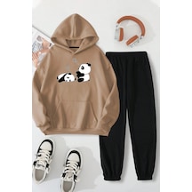 Uyguntarz Unisex Uykucu Panda Baskılı Rahat Eşofman Takımı Bej