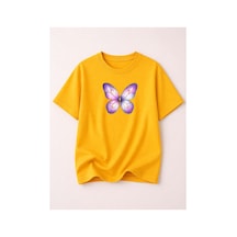 Herkesemoda Mor Kelebek Baskı Detaylı Kadın Bisiklet Yaka Pamuklu T-shirt Sarı