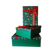 Kolix 3'lü Yılbaşı Temalı Dekoratif Fiyonklu Hediye Kutusu Yeşil 35x25x13 Cm Büyük Boy