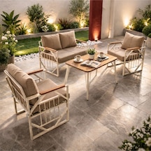 Violet Krem 2+1+1 Masalı Bahçe Oturma Grubu Minderli Metal Ahşap Detaylı Balkon Teras Takımı Cappuccino