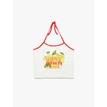 Koton Pamuklu Kolsuz Baskılı Bağcıklı Crop Dar Kesim Halter Yaka Bluz Ekru 5sal30131ık Ekru