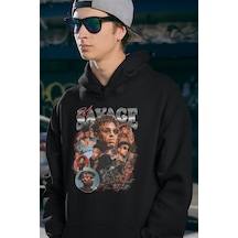Sevbano 21 Savage Rapper Baskılı Unisex Oversize Hoodie Siyah