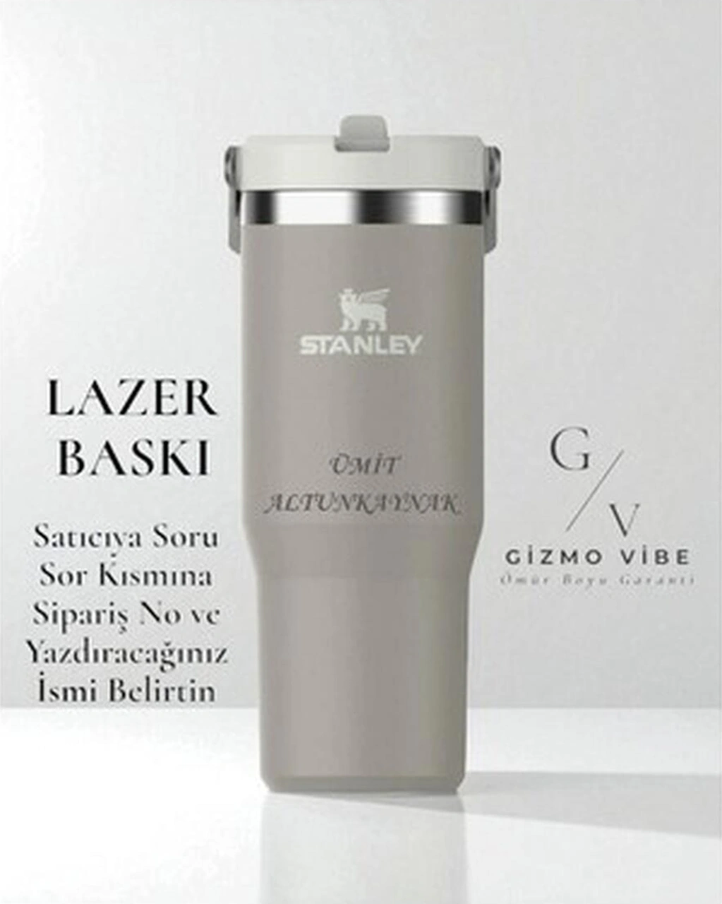 Stanley Kişiselleştirilmiş The Iceflow Flip Straw Pipetli Termos Bardak 0,89 Lt Özel Isimli Siyah - Yeşil