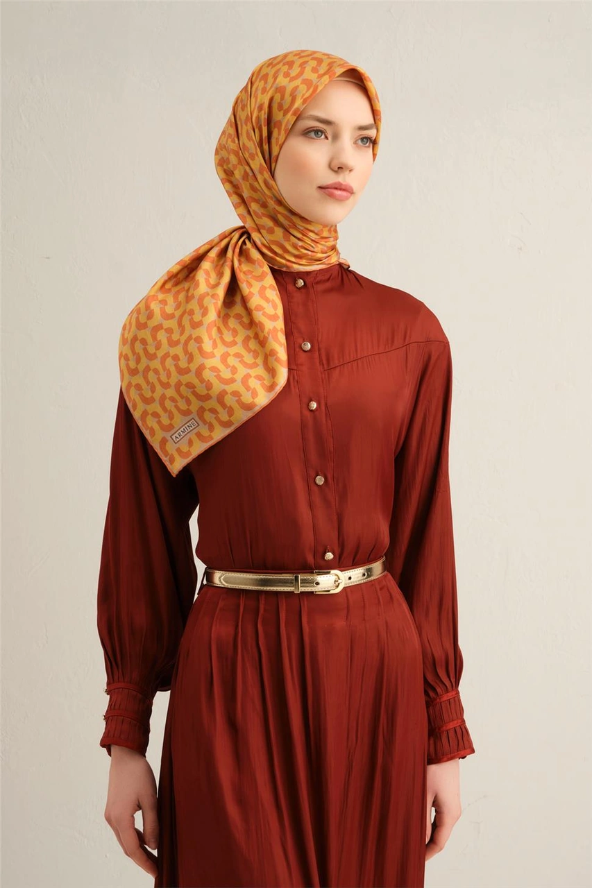 Armine Klasik Desenli Saf İpek Twill Eşarp 9321d 51 Turuncu