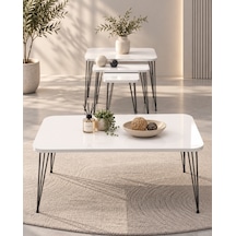 Odera Beyaz Siyah Ayaklı Orta Sehpa Ve Zigon Sehpa 4'lü Set Metal Tel Ayaklı Modern Salon Sehpası Diğer