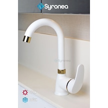 Mat Beyaz Kısa Nano Teknoloji Banyo Lavabo Bataryası Altın Desenli Musluk Beyaz