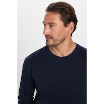 Tudors Unisex Relax Fit Rahat Kesim %100 Pamuk Uzun Kollu Bisiklet Yaka Lacivert Basic Tişört-32655 Lacivert